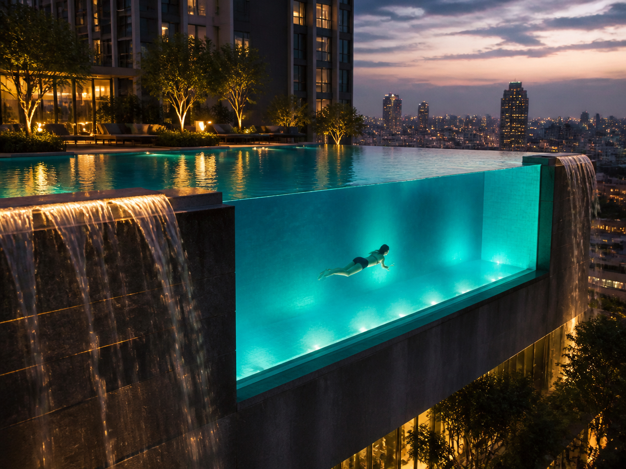 Full-height acrylic side panel on a rooftop infinity swimming pool