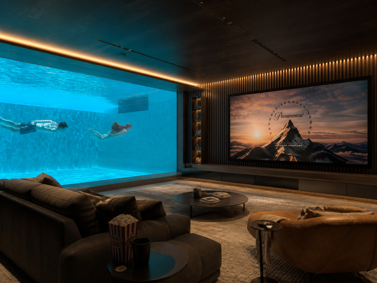 Acrylic pool window showing underwater views from a basement lounge