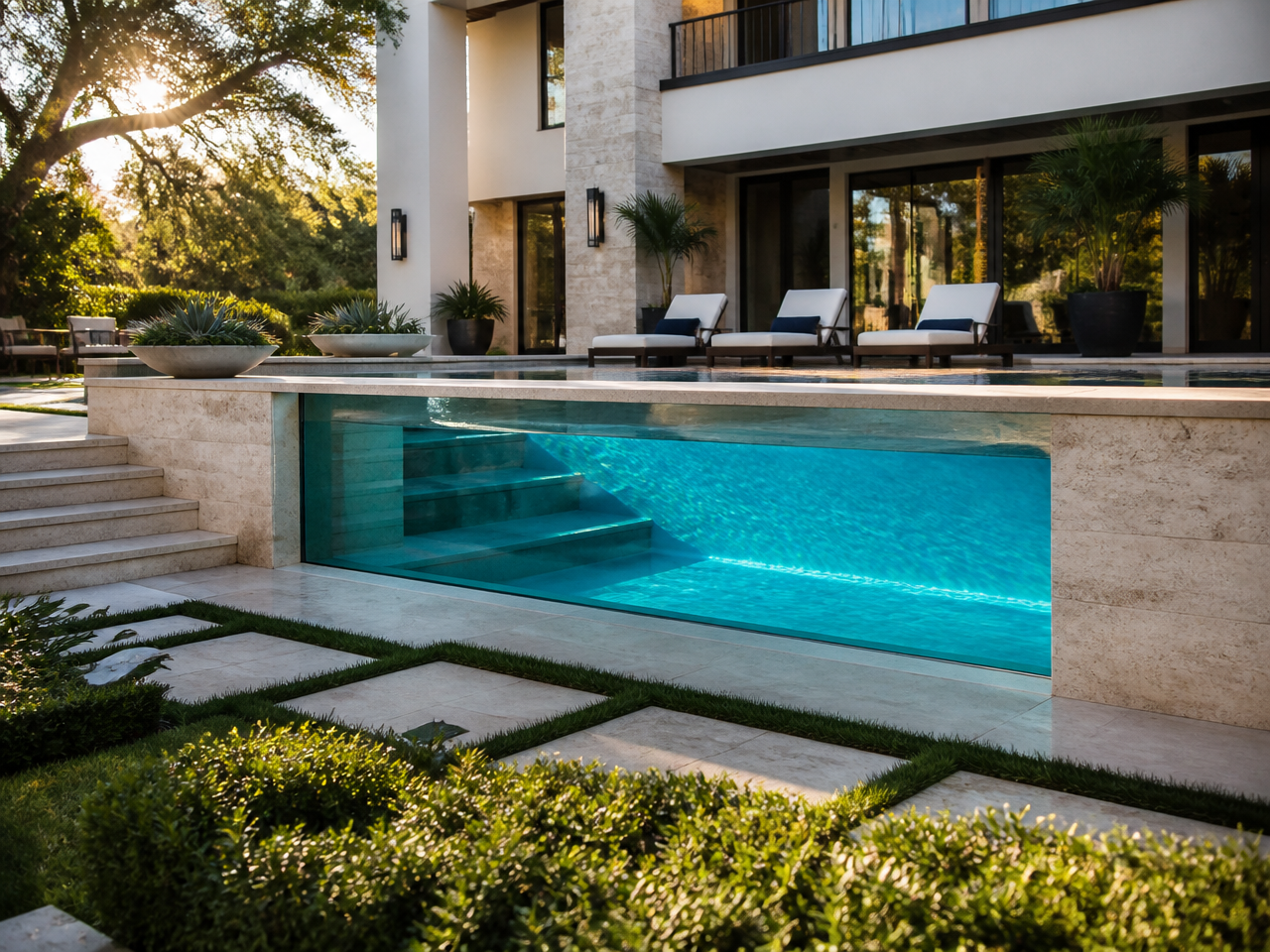 Cast acrylic viewing window in a travertine-clad backyard swimming pool