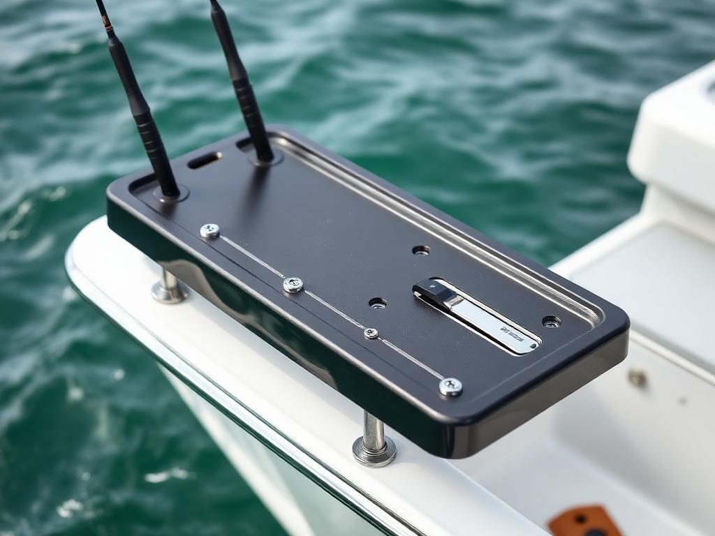 Black HDPE marine bait board with stainless rod holders mounted to a fishing boat gunwale
