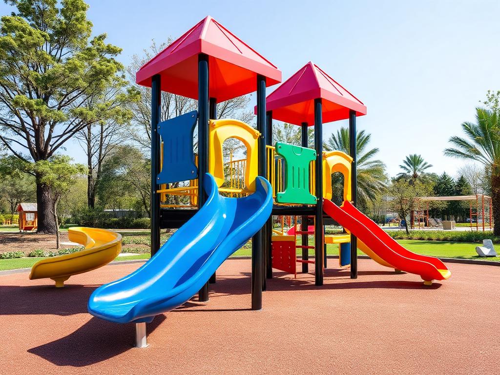 Outdoor playground built from colour-through HDPE panels with slides, climbing walls and shade roofs