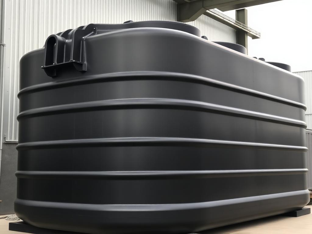 Large black HDPE water storage tank fabricated from welded high density polyethylene sheet