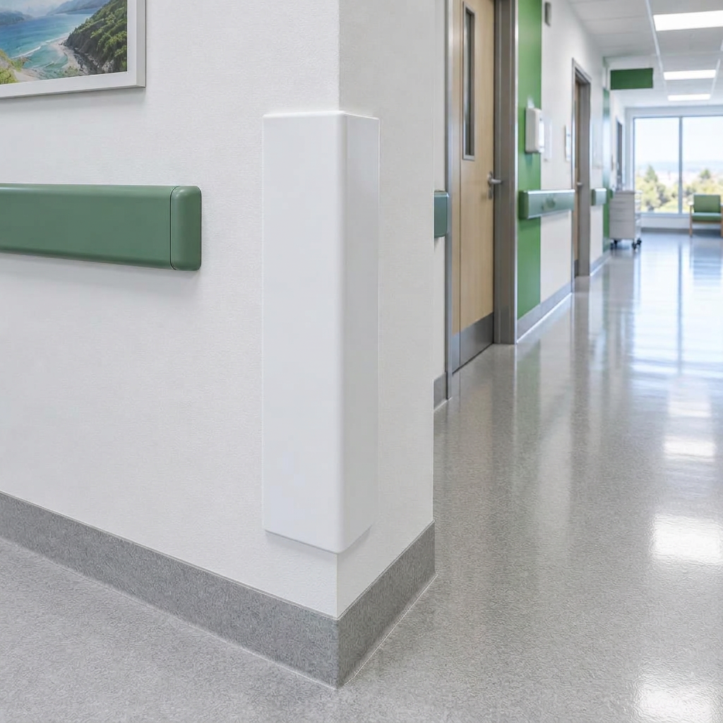 AI hospital concept showing a white PVC wall corner protector in a corridor