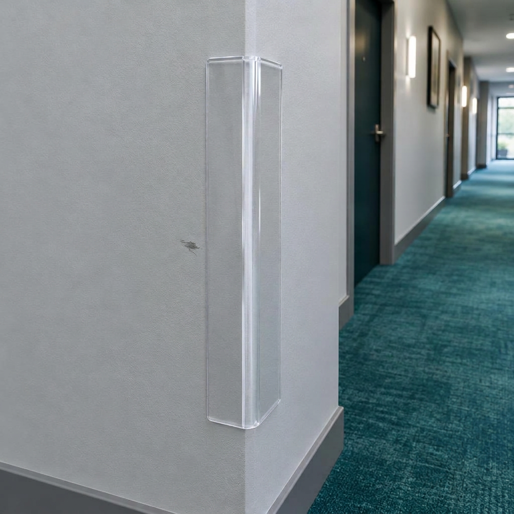 AI hotel concept showing a clear acrylic angle protecting a wall corner