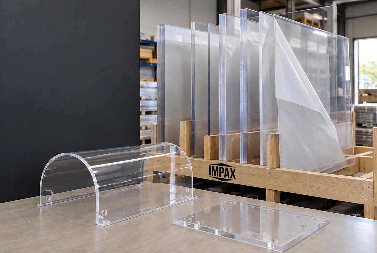 AI illustration of IMPAX polycarbonate sheets and fabricated clear guard samples