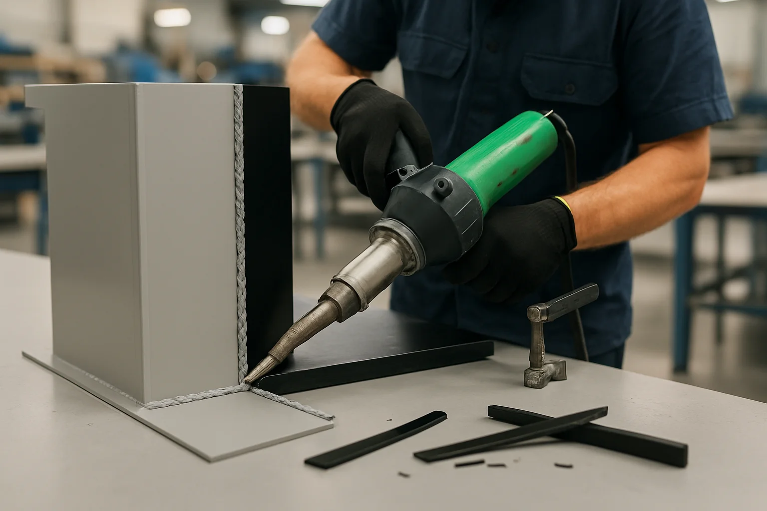Hot-air plastic welding a polypropylene tank seam in the Holland Plastics workshop