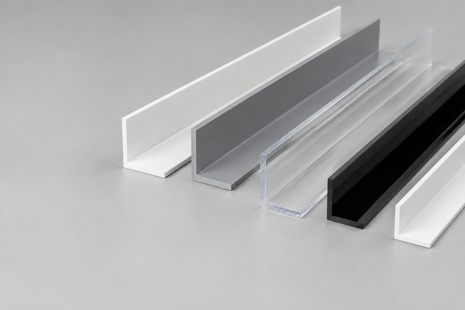 AI concept of white and grey PVC, clear, white and black acrylic L-shaped angles