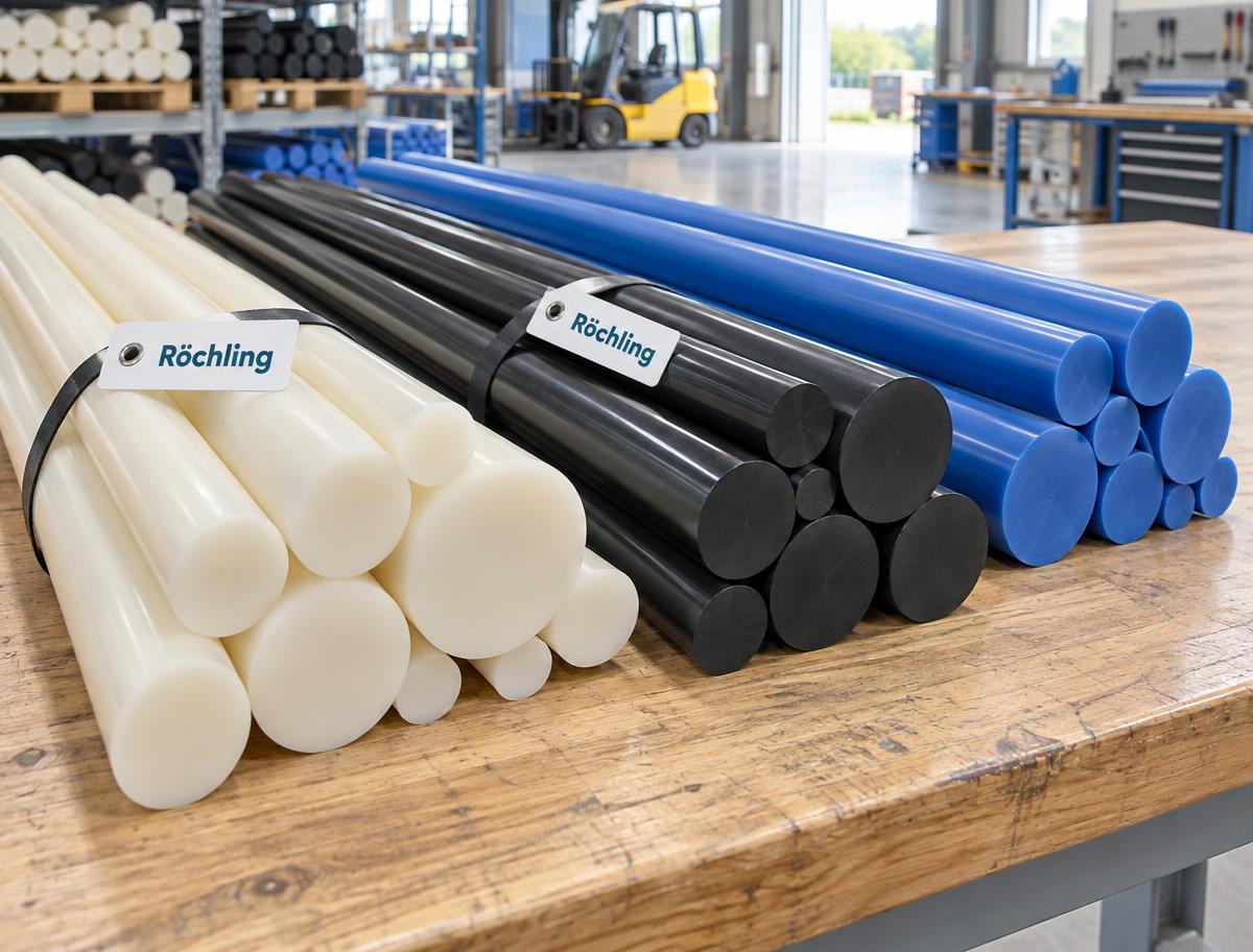 AI concept of Röchling-labelled ivory, black and blue solid round engineering plastic rods