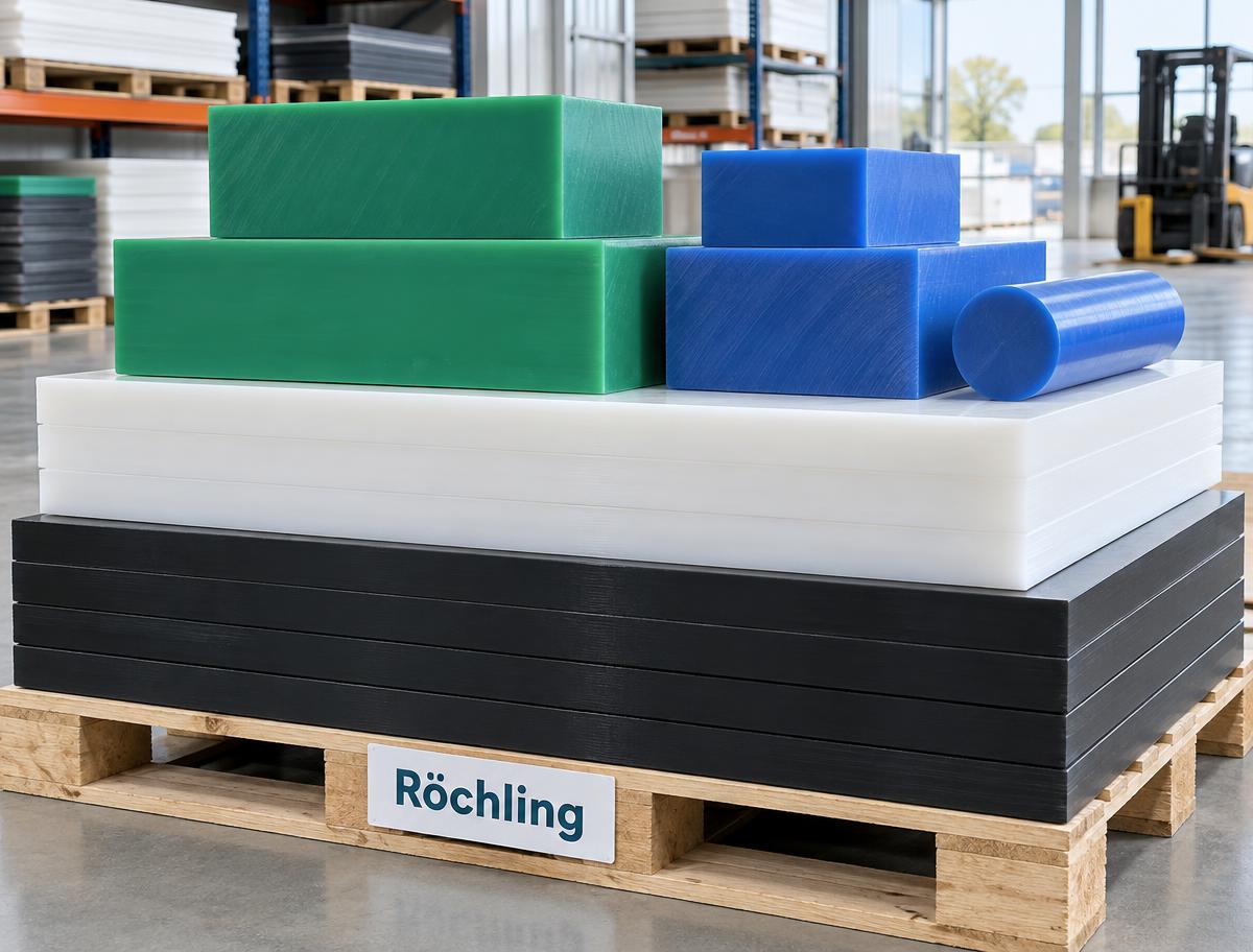 AI concept of Röchling-labelled white and black engineering plastic sheets with green and blue blocks