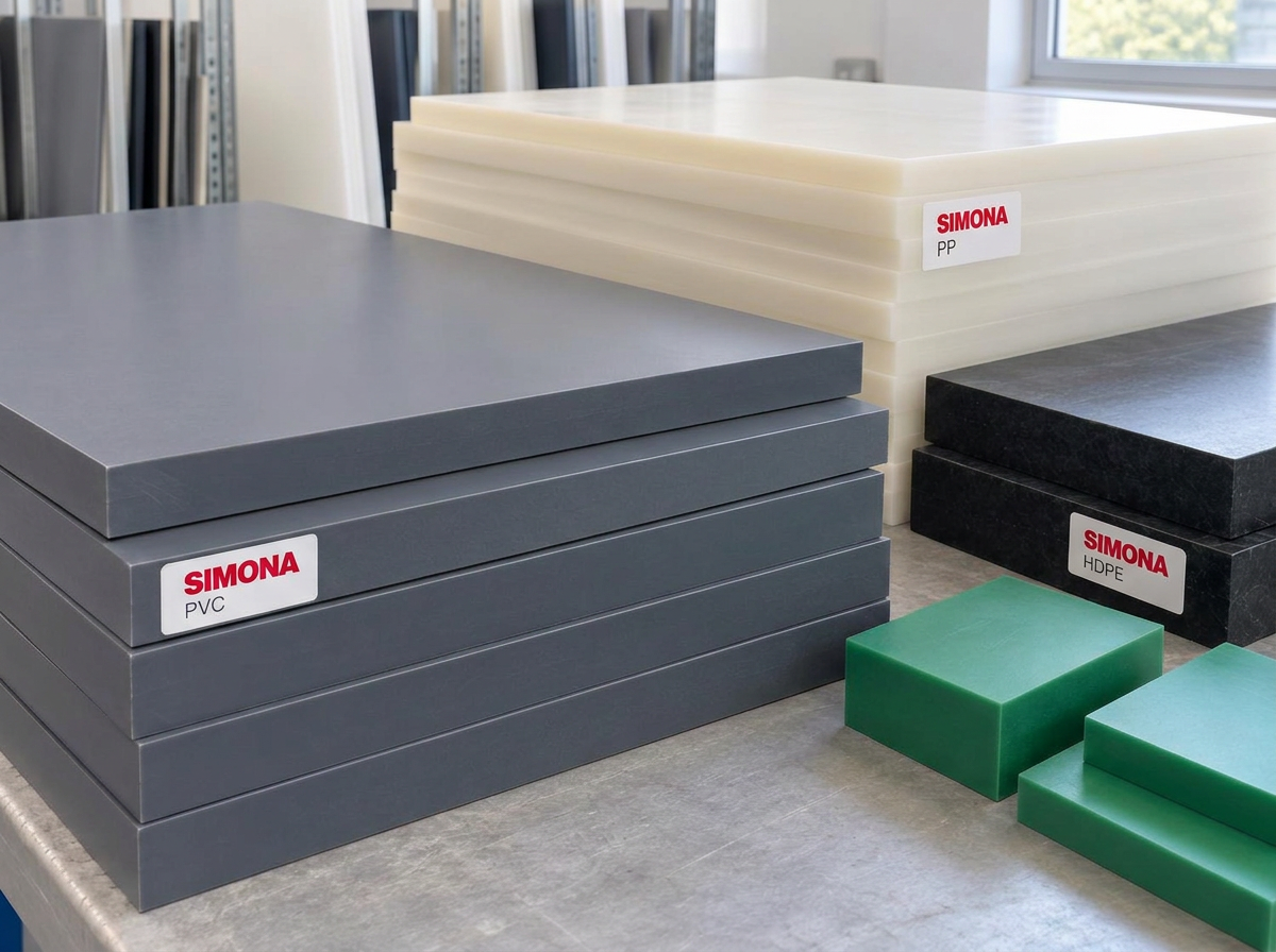 AI illustration of SIMONA-labelled grey PVC, natural polypropylene and black HDPE sheet stock